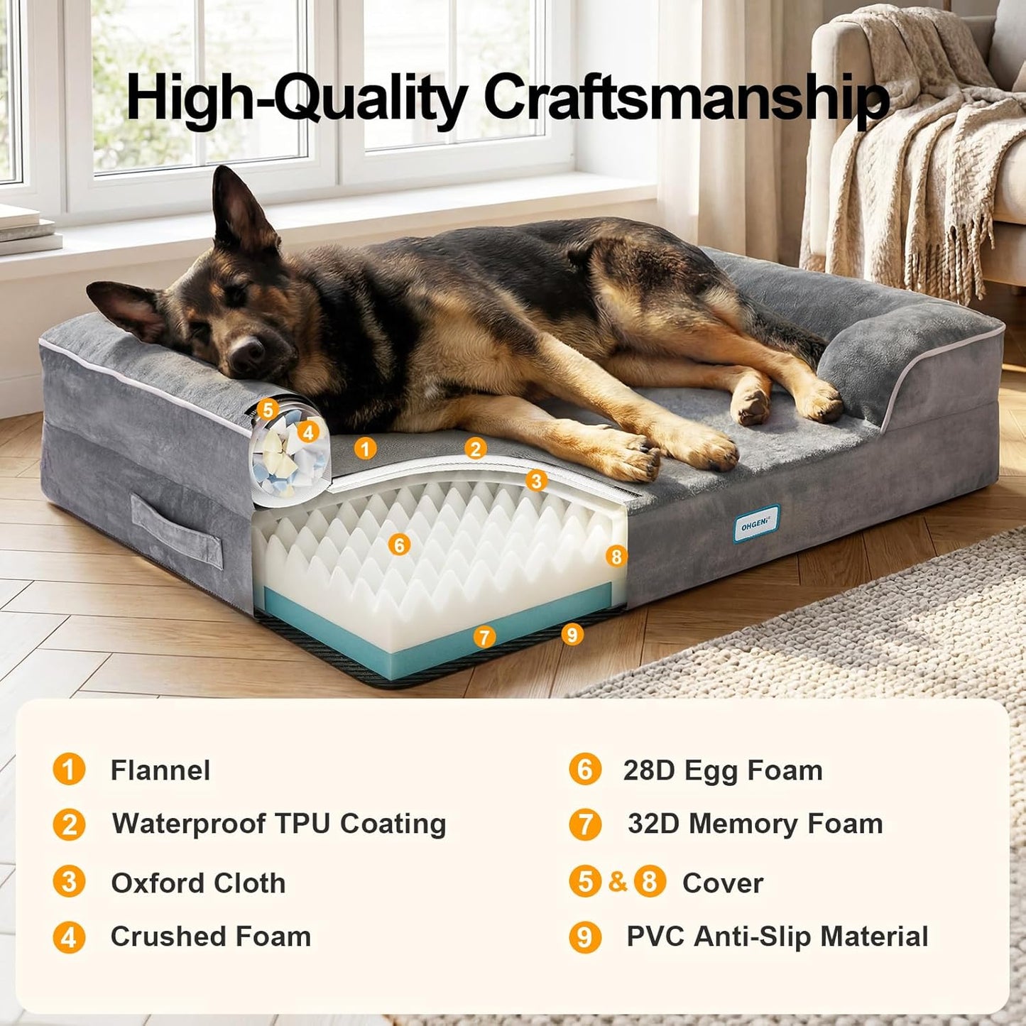Ohgeni Orthopedic Dog Bed Couch Big Cat Sofa for Extra Large Sized Pets with Memory Foam, Machine-Washable Waterproof Removable Cover, Soft Comfortable Fabric, 44-Inch (Gray)