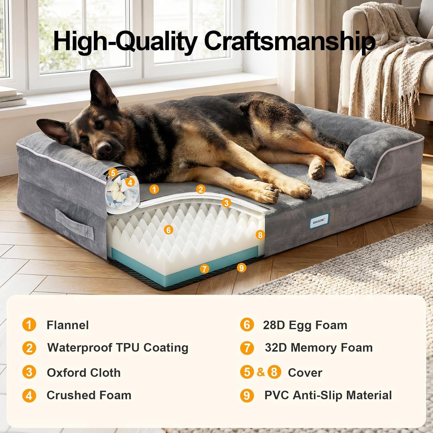 Ohgeni Orthopedic Dog Bed Couch Big Cat Sofa for Extra Large Sized Pets with Memory Foam, Machine-Washable Waterproof Removable Cover, Soft Comfortable Fabric, 44-Inch (Gray)
