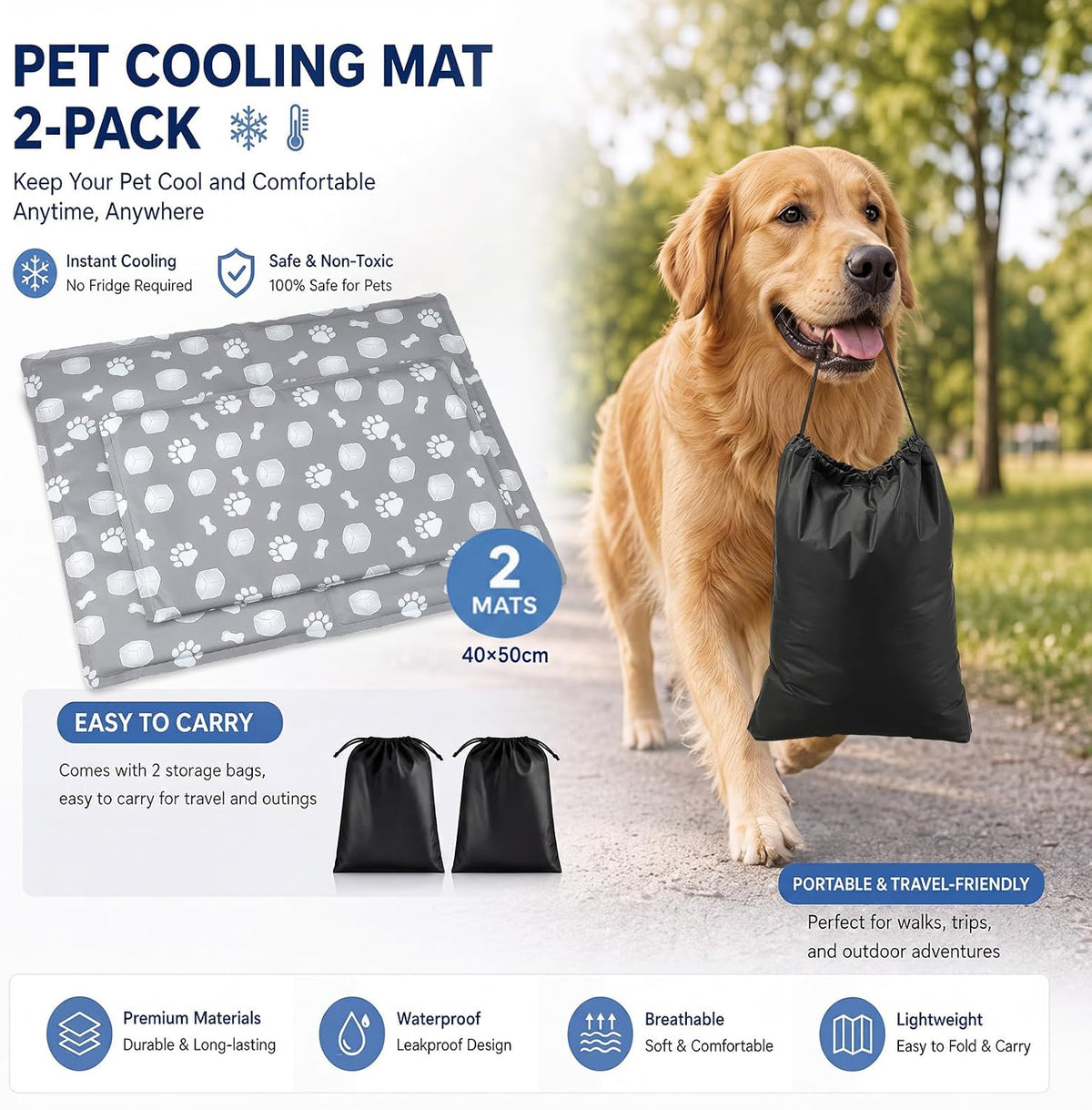 Rattanview 2 Pcs Dog Cooling Mat for Cats 16"X20" Waterproof Self Cooling Pet Pad Portable Mat for Crate Kennel Car Sofa Bed Floor Summer Indoor Outdoor Travel with 2 Pcs Travel Bags
