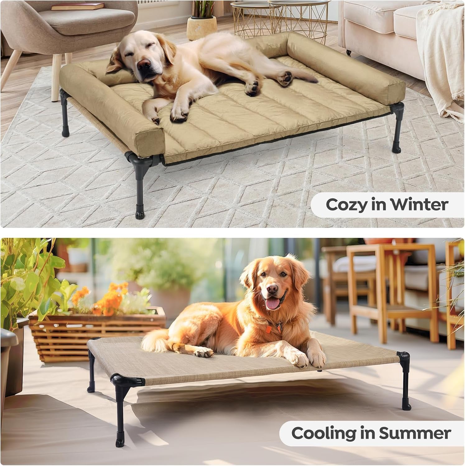 Veehoo Cooling Elevated Dog Bed Add Removable Waterproof Bolster Cushion Mat, Raised Pet Cot with Breathable Teslin Mesh, No-Slip Feet, Dog Couch Bed for Indoor Outdoor, 42X30Inches, Beige, CWC2331B