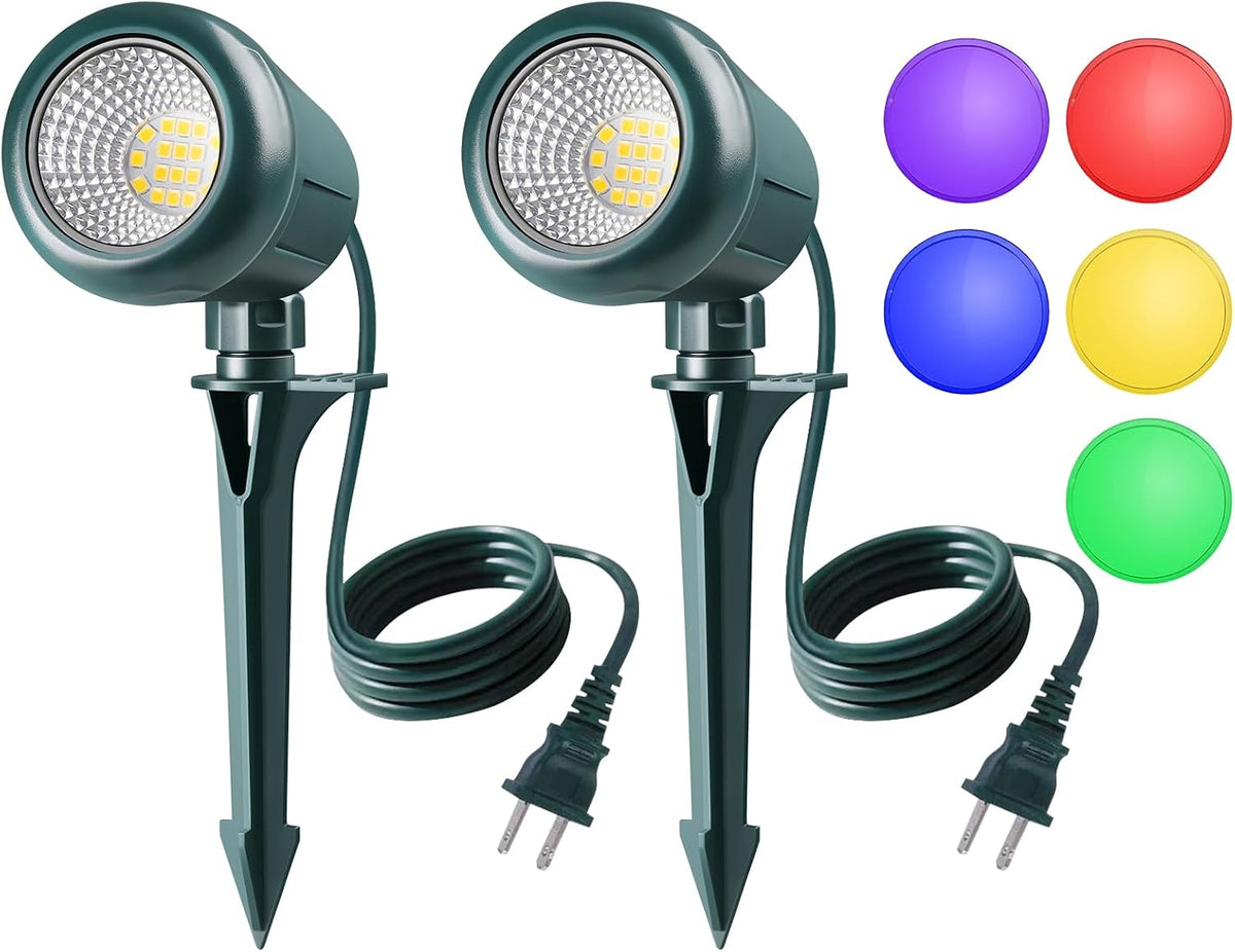 Halloween Spotlights Outdoor, 120V Plug-In Christmas Spot Light, 5000K LED Landscape Lighting with 5 Color Lenses (Red Green Blue Purple Yellow), IP67 Waterproof, 2 Pack