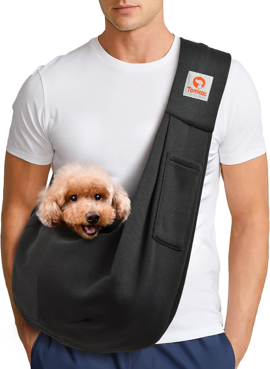 Tomkas Small Dog Cat Sling Carrier Puppy Purse Travel Wrap Soft Crossbody Pet Bag (Black1, M - Classic Pocket & Classic Strap)
