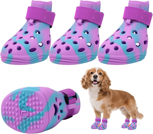 Tie-Dye Dog Shoes for Hot Pavement, Breathable Non-Slip Dog Sandals with Adjustable Strap, Summer Pet Footwear, Indoor Outdoor Paw Protector Booties for Small Medium & Large Dogs, 4PCS (Purple L)