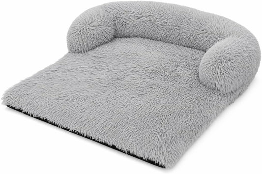 Calming Dog Bed Sofa, Plush Orthopedic Pet Lounger with Raised Bolster Support, Non-Slip Bottom, Gray