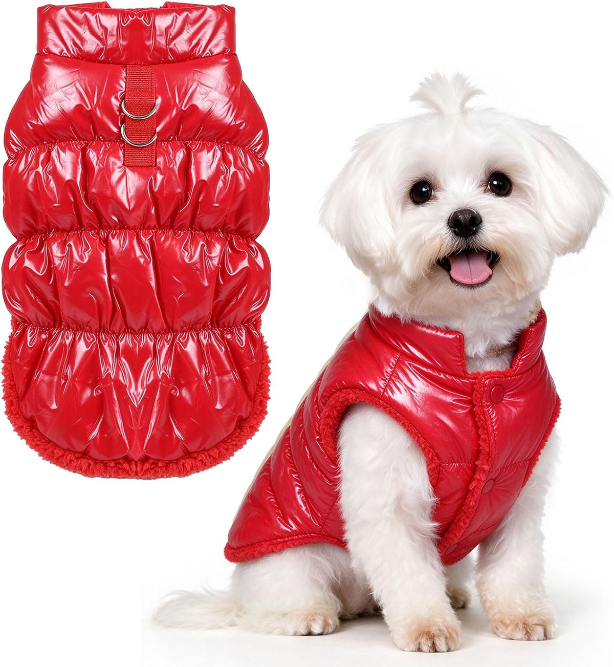 Dog Winter Coat Cute Warm Fleece Dog Jacket with Harness D Ring Waterproof Windproof Shiny Gloss Winter Dog Clothes Coats for Small Medium Dogs Cats Chihuahua Yorkie French Bulldog, Red