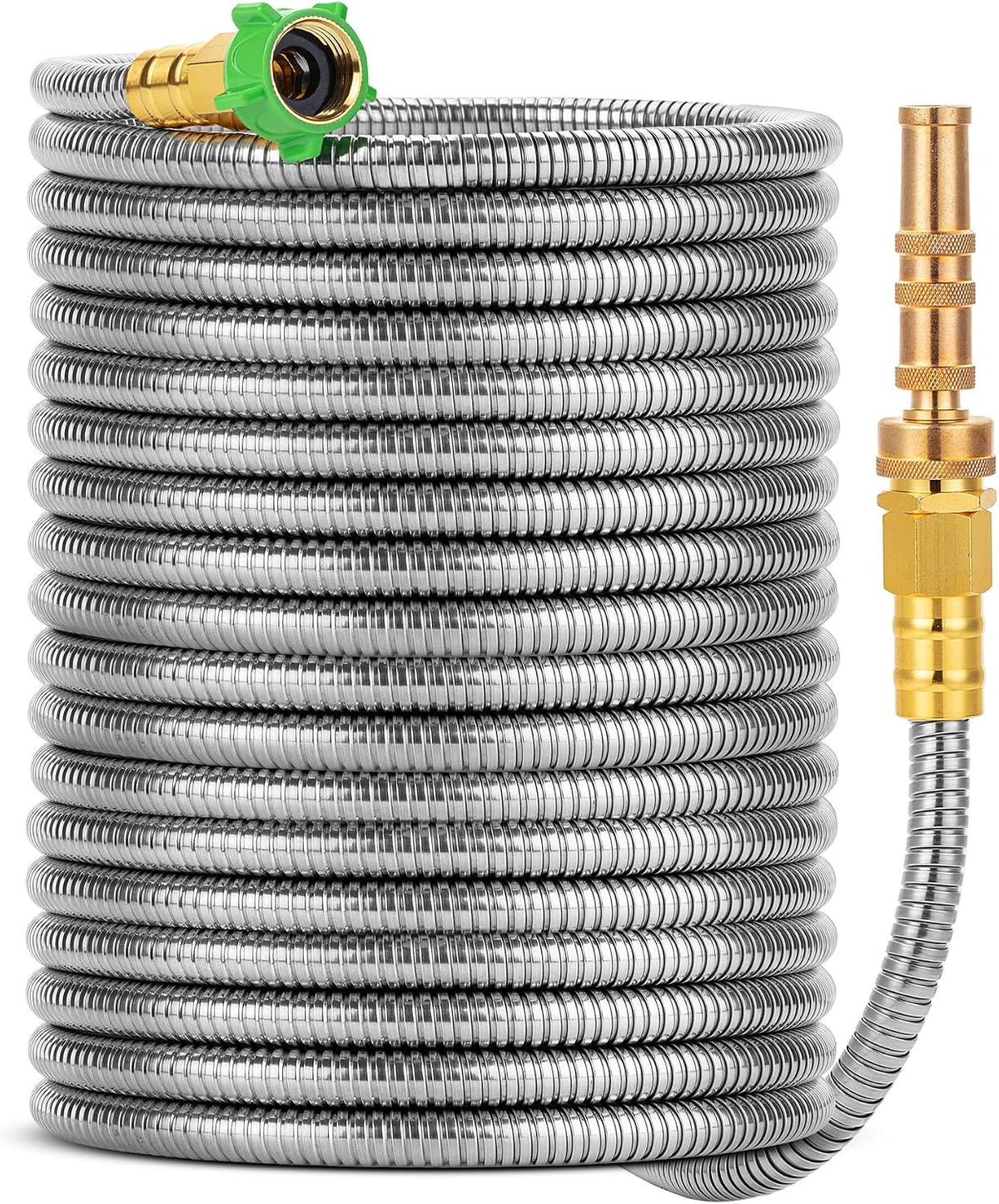 UNCO- Stainless Steel Metal Hose with 4 Function Brass Nozzle, 75 Ft, No Kink, Metal Garden Hose