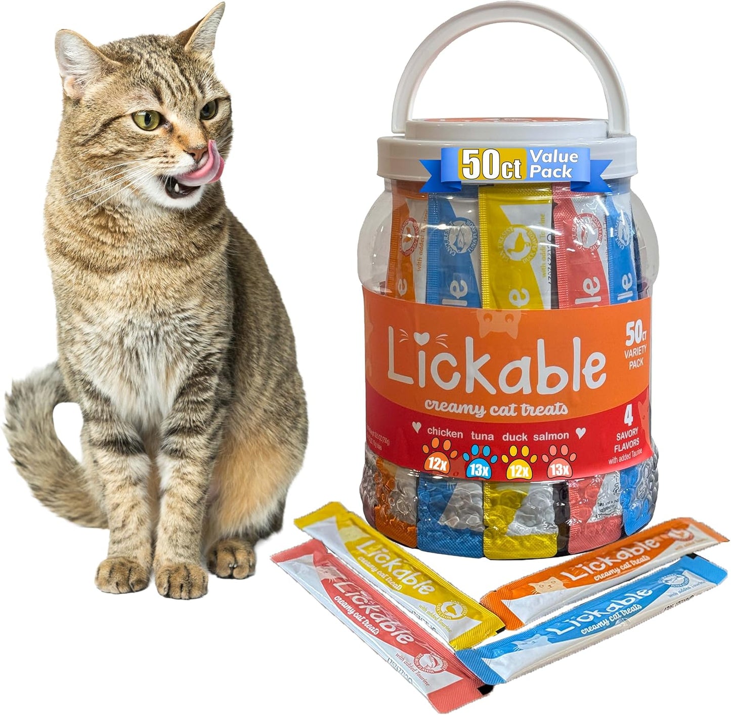 Fieldcrest Farms Lickable Creamy Cat Treats – 50Ct Variety Pack – 4 Savory Flavors (Chicken, Tuna, Duck, Salmon) with Taurine – Smooth, Tasty Cat Treat Tubes – Serve by Hand, Dish, or as a Topper