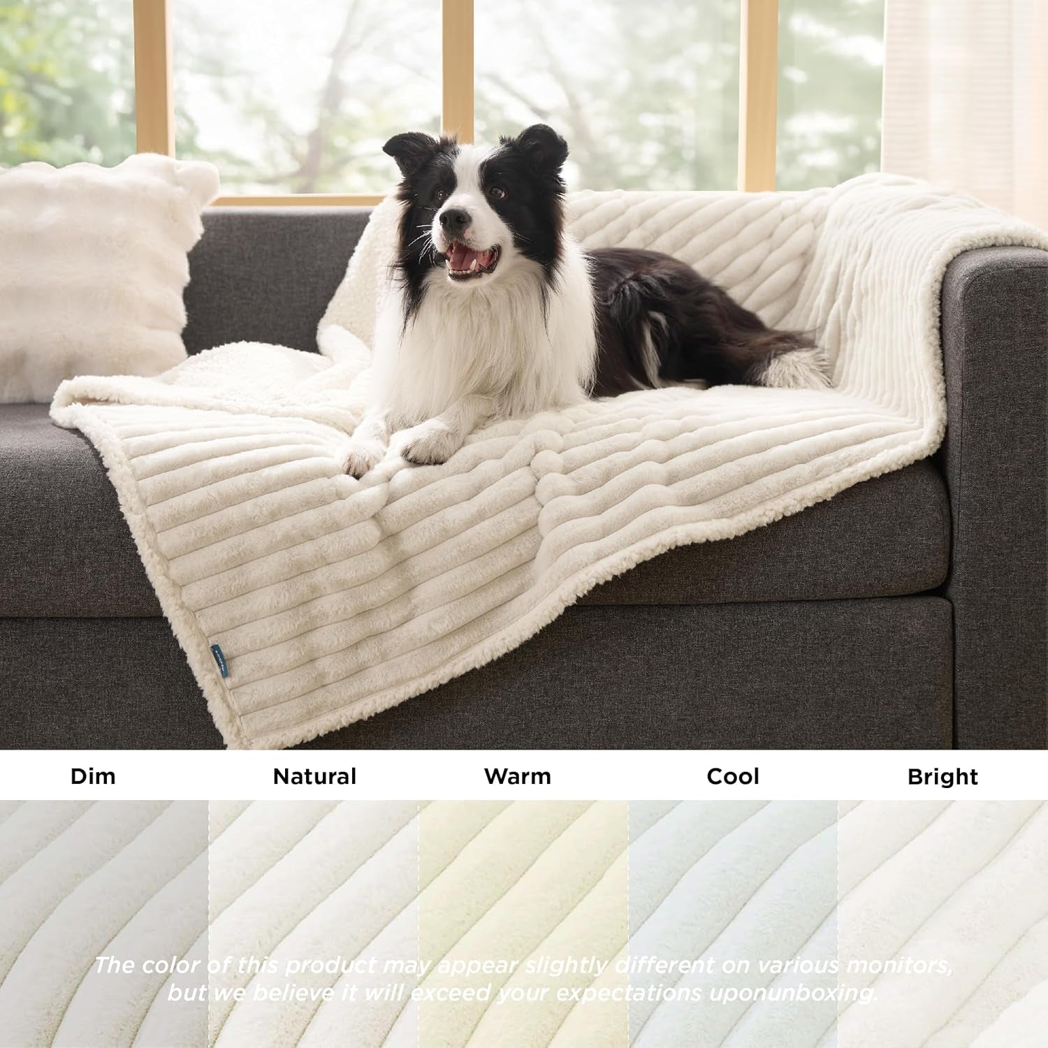 Bedsure Comfyfleece™ Waterproof Dog Blankets for Large Dogs - Soft Pet Cat Blanket Corduroy Fleece for Couch Bed Protector Washable, Cozy Calming Reversible Furniture Protection,50"X60", Cream