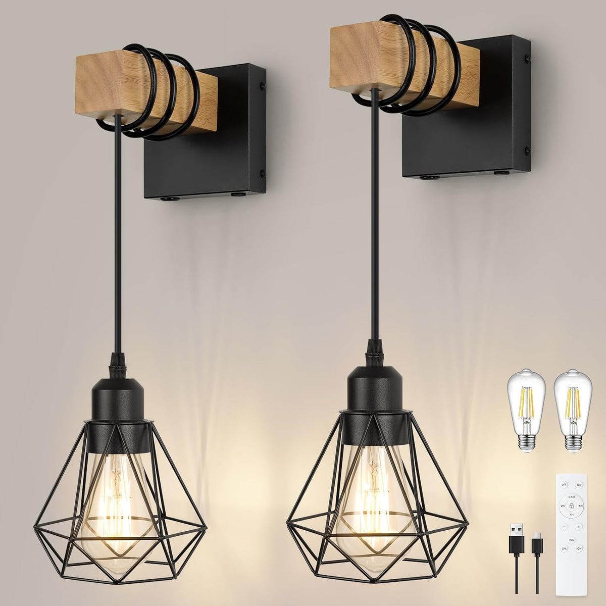 Vintage Battery Operated Sconces Set of 2 for Bathroom, Dimmable Wall Sconces with Remote Control, Black LED Wireless Wall Lights for Living Room, Hallway, Bedroom(2 Pack)