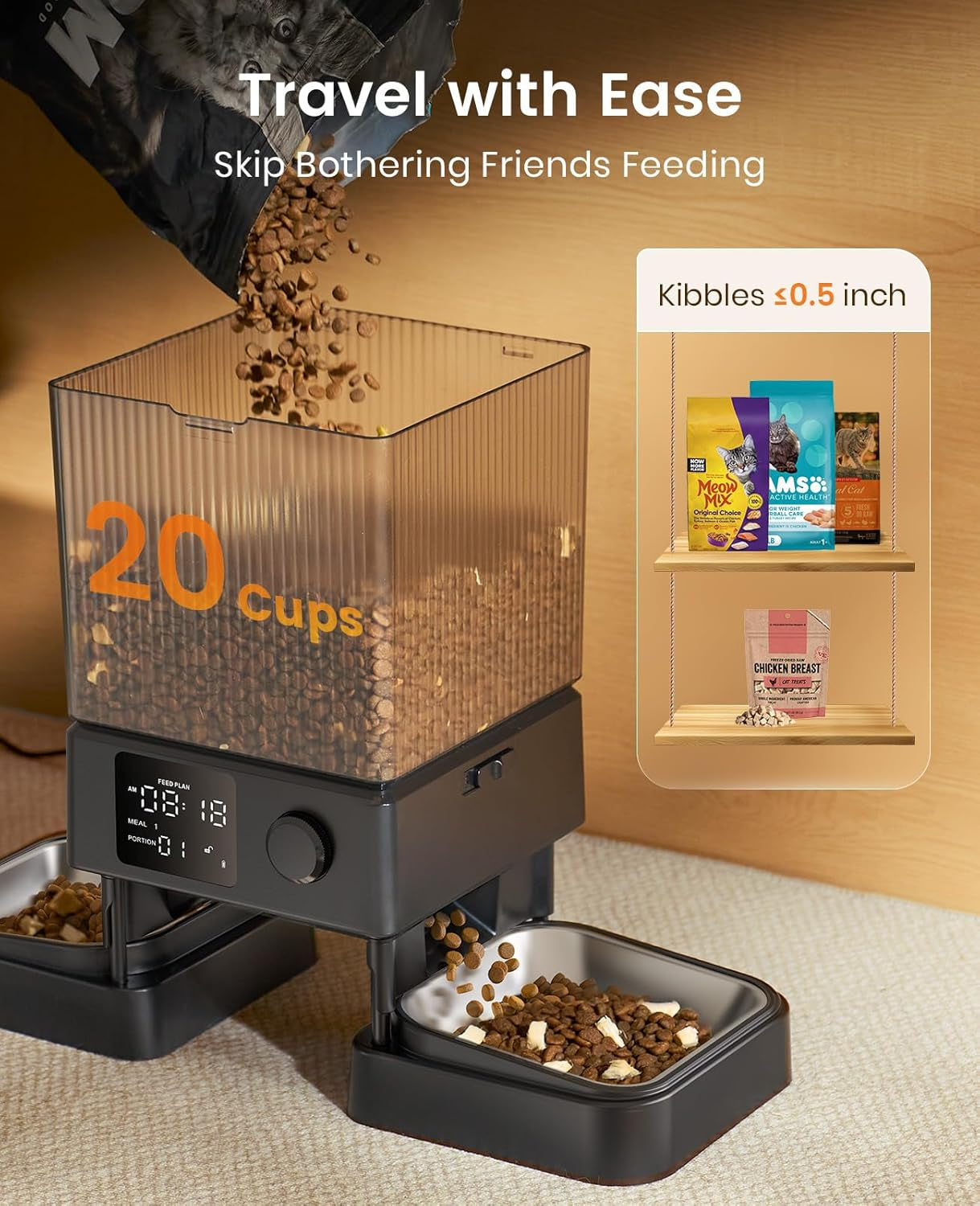 Oneisall Automatic Cat Feeder for 2 Cats, 20 Cups/5L Automatic Cat Food Dispenser for Small Pets Indoor, Timed Cat Feeder for Dry Food