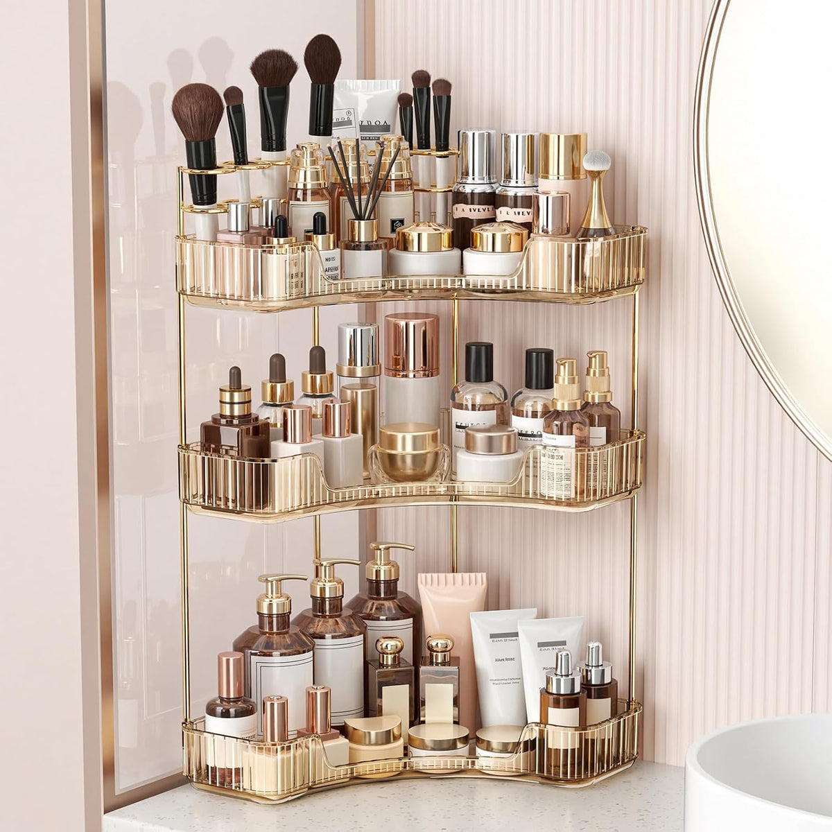 BEFSOP Corner Bathroom Counter Organizer, Upgraded 3-Tier Makeup Organizer Countertop with Makeup Brush Holder, Skincare Exquisite Vanity Organizers Countertop Bathroom Storage Dresser(Gold)