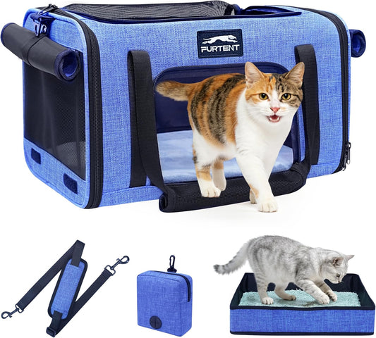 17X11X9.5 Pet Carrier Airline Approved, Cat Carrier with Litter Box, Soft Sided Cat Dog Carrier up to 15 Lbs, Breathable Travel Pet Carrier with Calming Curtain, Storage Bag & Poop Dispenser, Blue