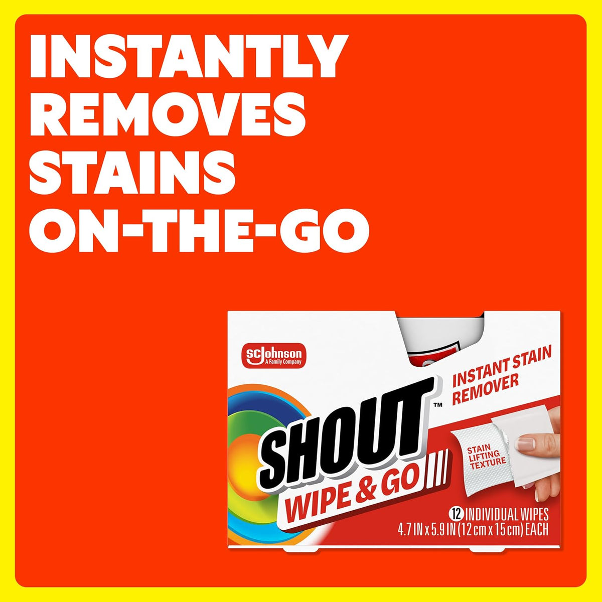 Shout Wipe & Go, Portable Instant Stain Remover Wipes, 12 Count, (1-Pack)