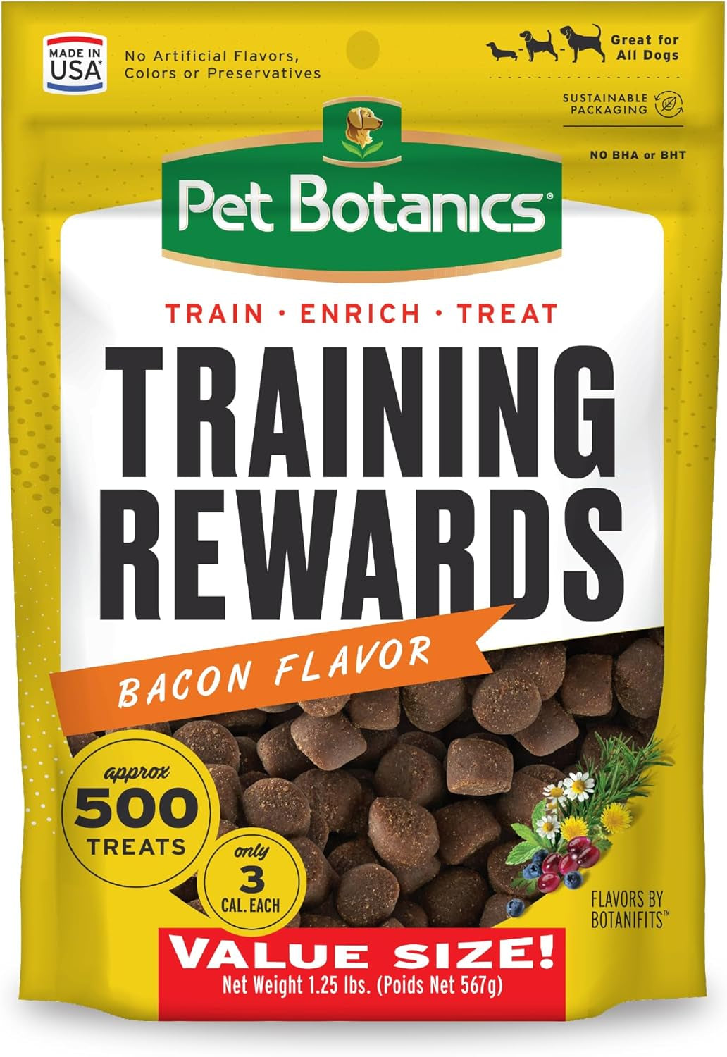 Pet Botanics 20 Oz. Pouch Training Rewards Soft & Chewy, Bacon Flavor, with 500 Treats per Bag, the Choice of Top Trainers