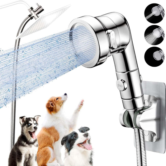 Dog Shower Attachment for Convenient Dog Bath, 3-Mode High Pressure Handheld Dog Shower Head, Indoor Shower Dog Wash Sprayer Kit Includes 8.2-Foot Hose, 3-Way Diverter, Dog Brush and Adhesive Holder