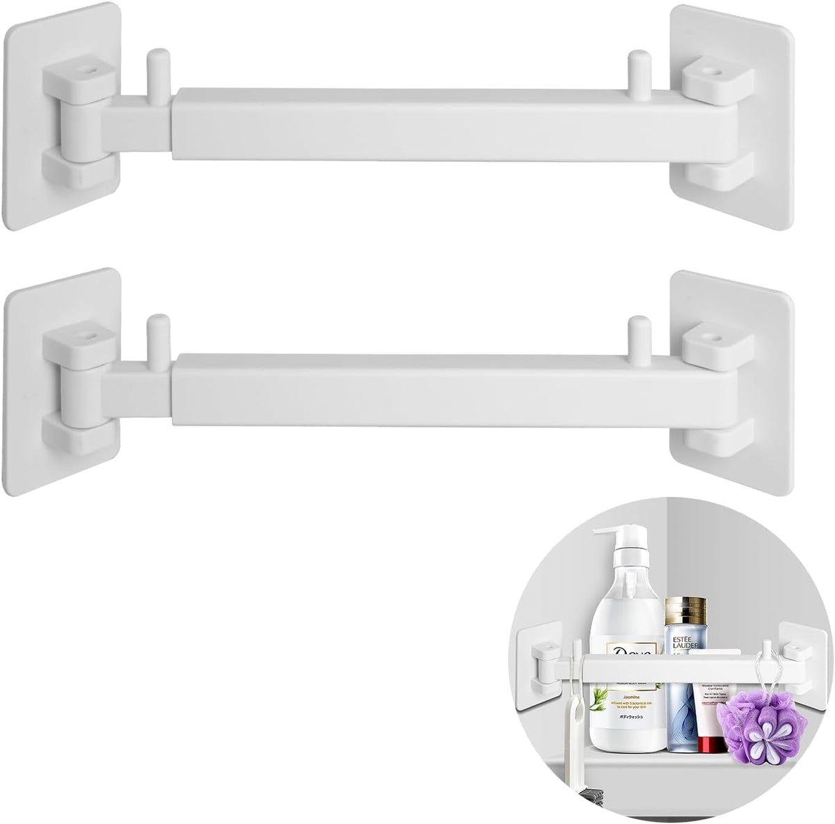 RV Shower Corner Storage Bar Kit - Adjustable Rod, White Base Frame for RV Bathroom Organization (2-Pack)