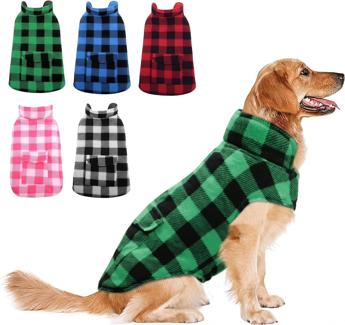 ASENKU Dog Winter Coat, Fleece Doggie Jacket Plaid Reversible Vest Waterproof Windproof Cold Weather Clothes for Small Medium Large Dogs (XXL, Green)