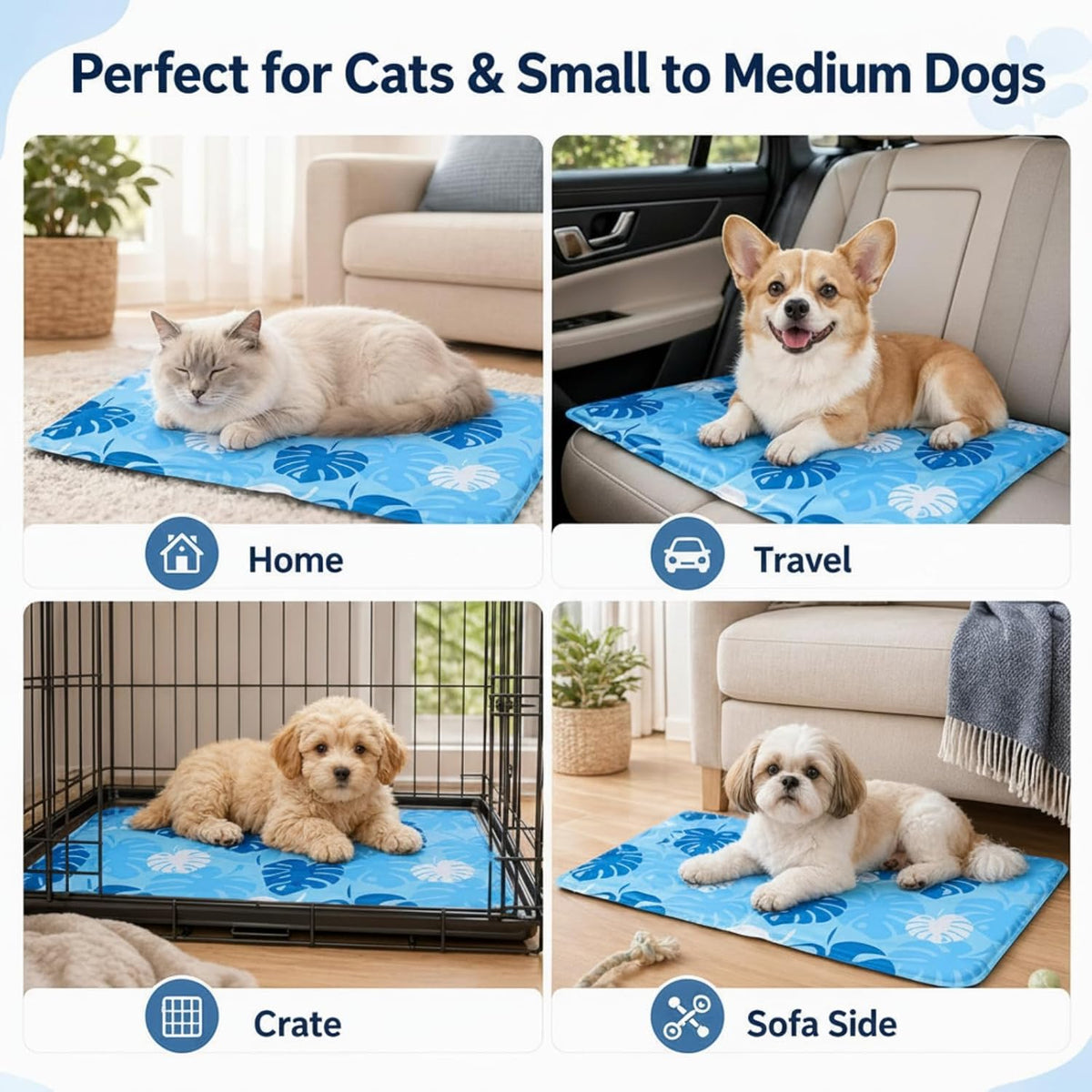 Drydiet Blue Cooling Bed Mat for Cats, Small Dogs, Small Pets, 25.6"X19.7" Thickened Rectangle Pad Anti-Grab Internal Gel without Water Filling, Lightweight, Washable, Playmat for Indoor/Outdoor