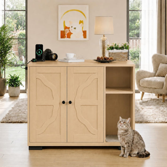 Cat Litter Box Enclosure Furniture for Self-Cleaning/Automatic Litter Boxes - Hidden Litter Box Cabinet End Table - Dog-Proof Design, Side Outlet & Litter Catch Tray - Natural Wood Alliance