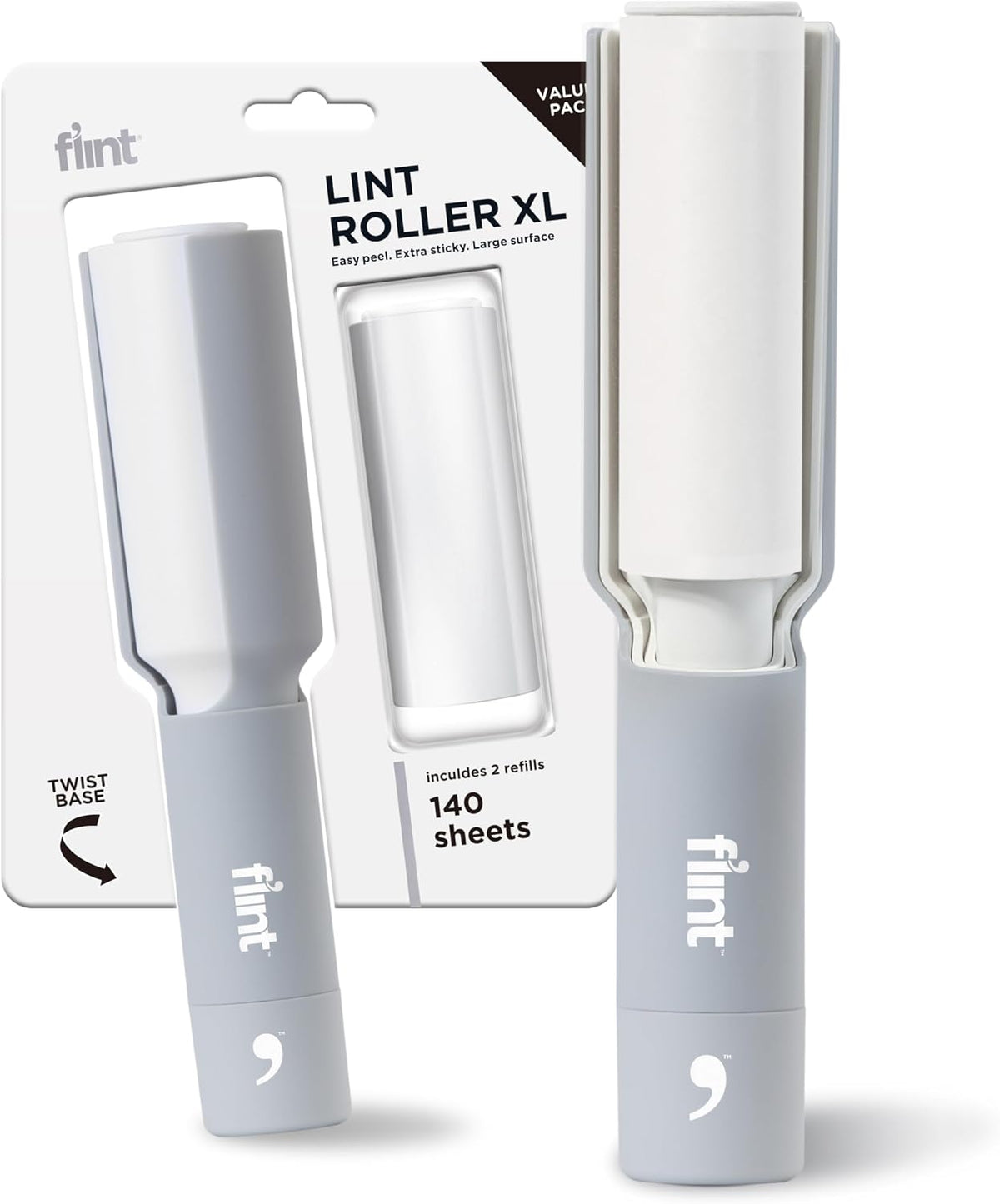 Plus XL Retractable Lint Remover & Pet Hair Roller for Clothes – Refillable & Reusable Lint Roller with 140 Extra Sticky Tear-Off Sheets – Value Pack, Light Grey