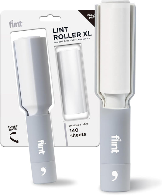 Plus XL Retractable Lint Remover & Pet Hair Roller for Clothes – Refillable & Reusable Lint Roller with 140 Extra Sticky Tear-Off Sheets – Value Pack, Light Grey