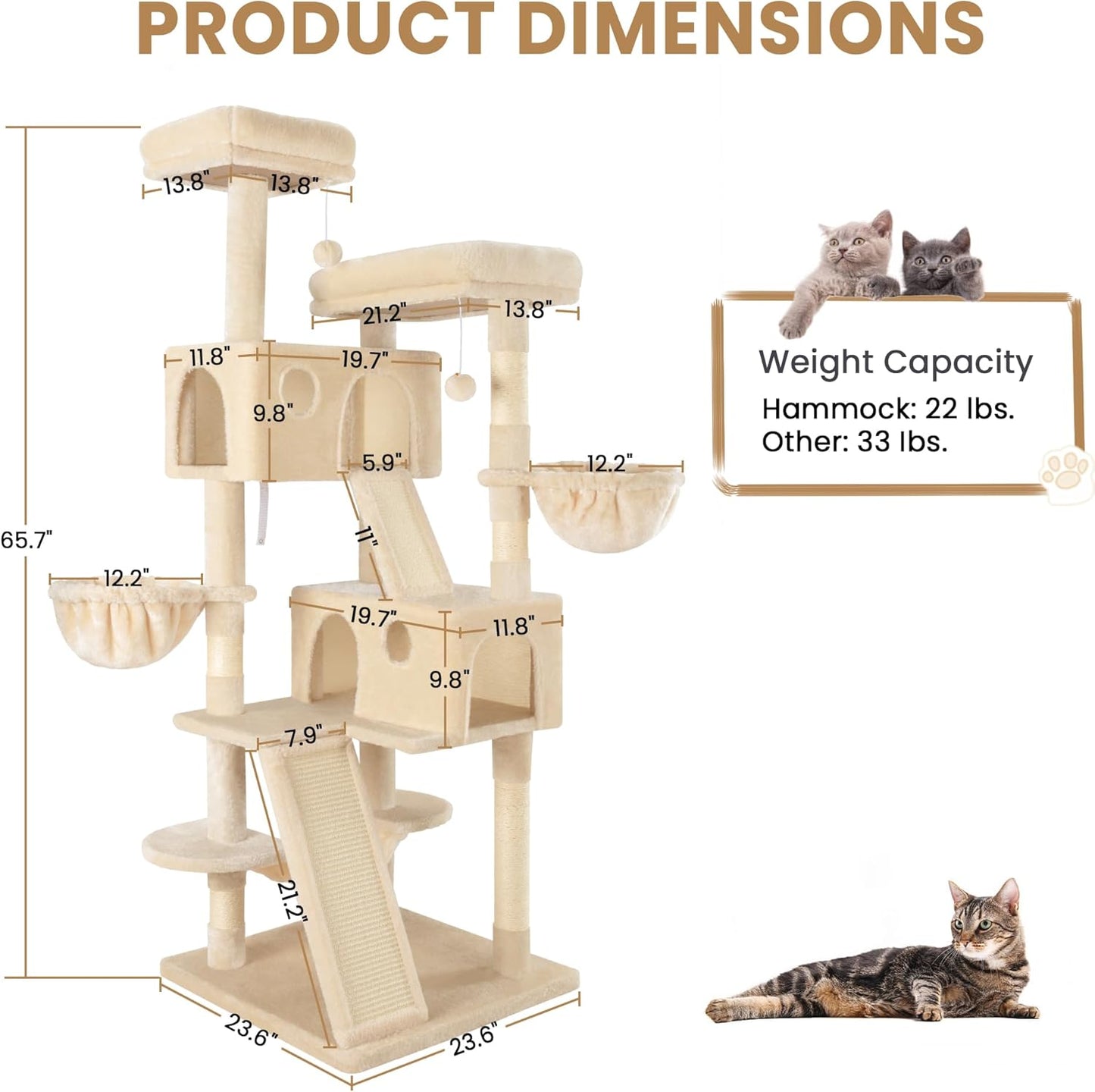SHA CERLIN 65In Larger Cat Tree Tower Condo for Indoor Kitties/Multi-Level Furniture Activity Center with Wide Base/Cozy Plush Cat Perches/Baskets/Sisal Scratching Posts and Hammock/Beige