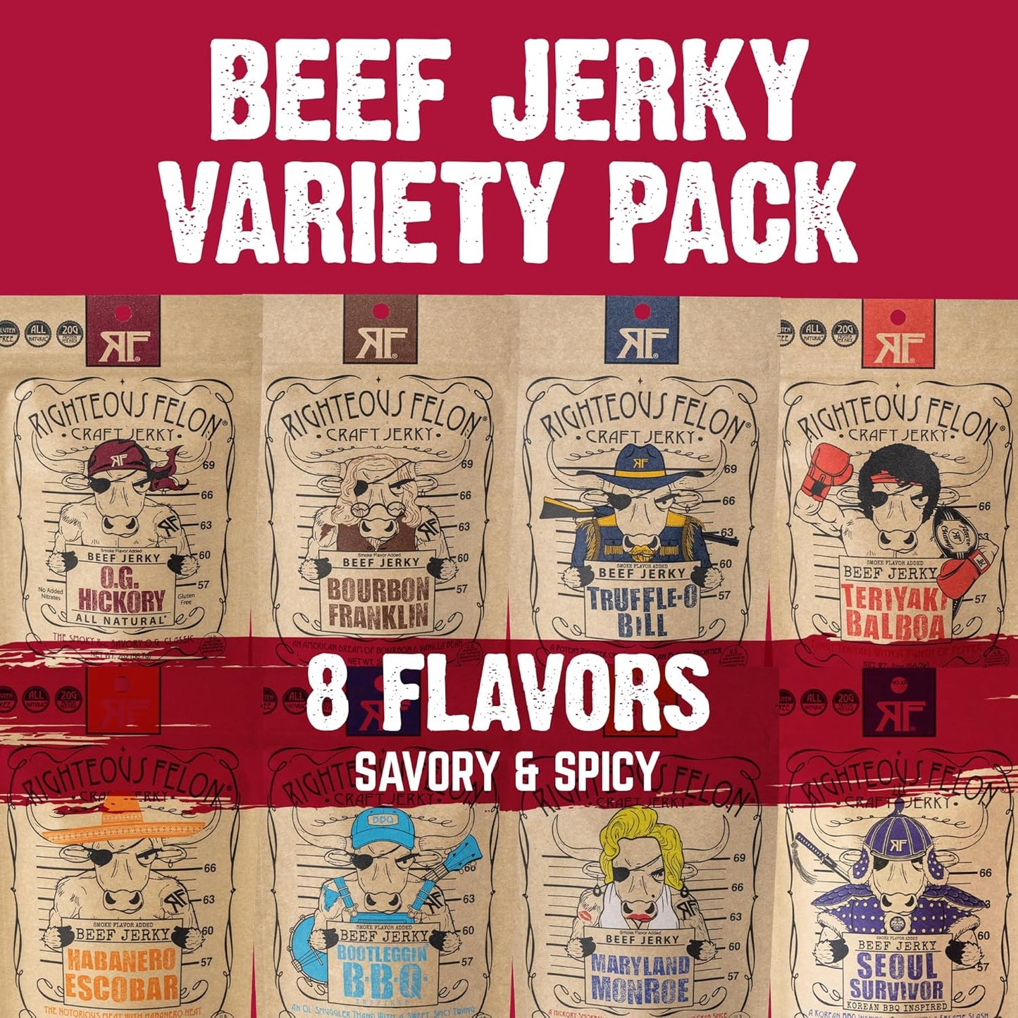 Righteous Felon Beef Jerky & Meat Sticks Variety Pack - Father'S Day Jerky Sampler for Dad - Gluten Free Beef Jerky Snack Packs - High Protein, Keto, Low Sugar - Gifts for Men - 11 Pack Sampler
