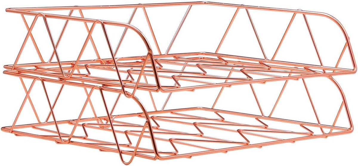 Pag-Mass 2 Packs Desktop File Organizer Metal Stackable Horizontal Letter Tray Paper Holder Rack, Rose Gold