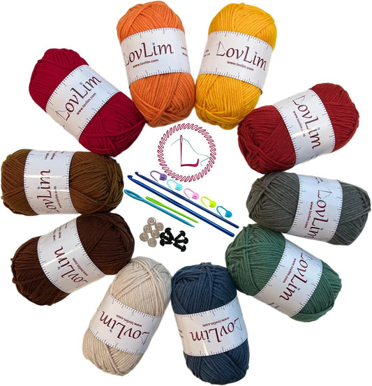 Milk-Cotton Crochet Yarn Kit, 10X50G Skeins DK Weight, 1250+ Yards, Hooks, Needles & Safety Eyes, 40+ Free Patterns, for Amigurumi, Crocheting & Knitting - Autumn Palette
