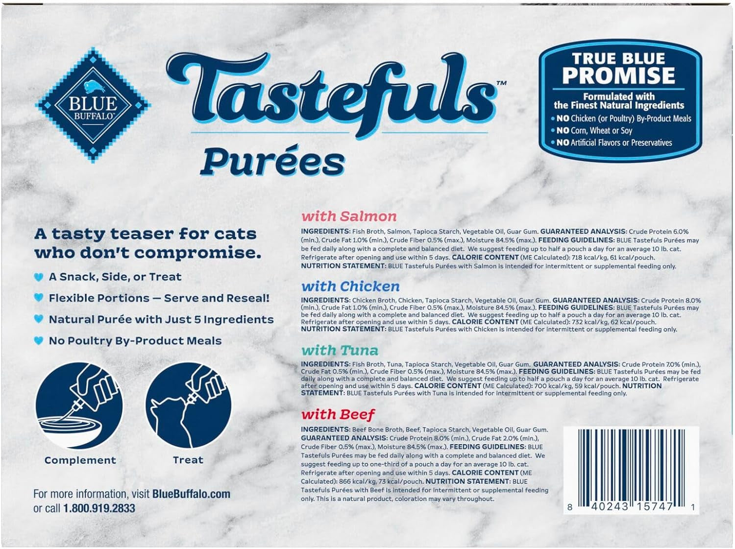 Blue Buffalo Tastefuls Purées Natural Cat Food Complement with 5 Ingredients, Chicken, Tuna, Beef, 3-Oz Resealable Pouches, 12-Ct Variety Pack