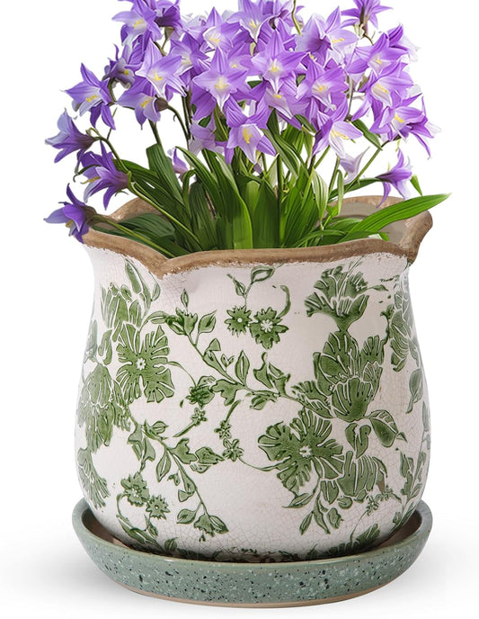 Ceramic-Planters-For-Indoor-Plants with Saucer, 6 Inch Vintage Ice Crack Glaze Plant Pots with Drainage Holes, Decorative Flower Pots for Outdoor Garden Home Decor, Tuscan Pot for Plant