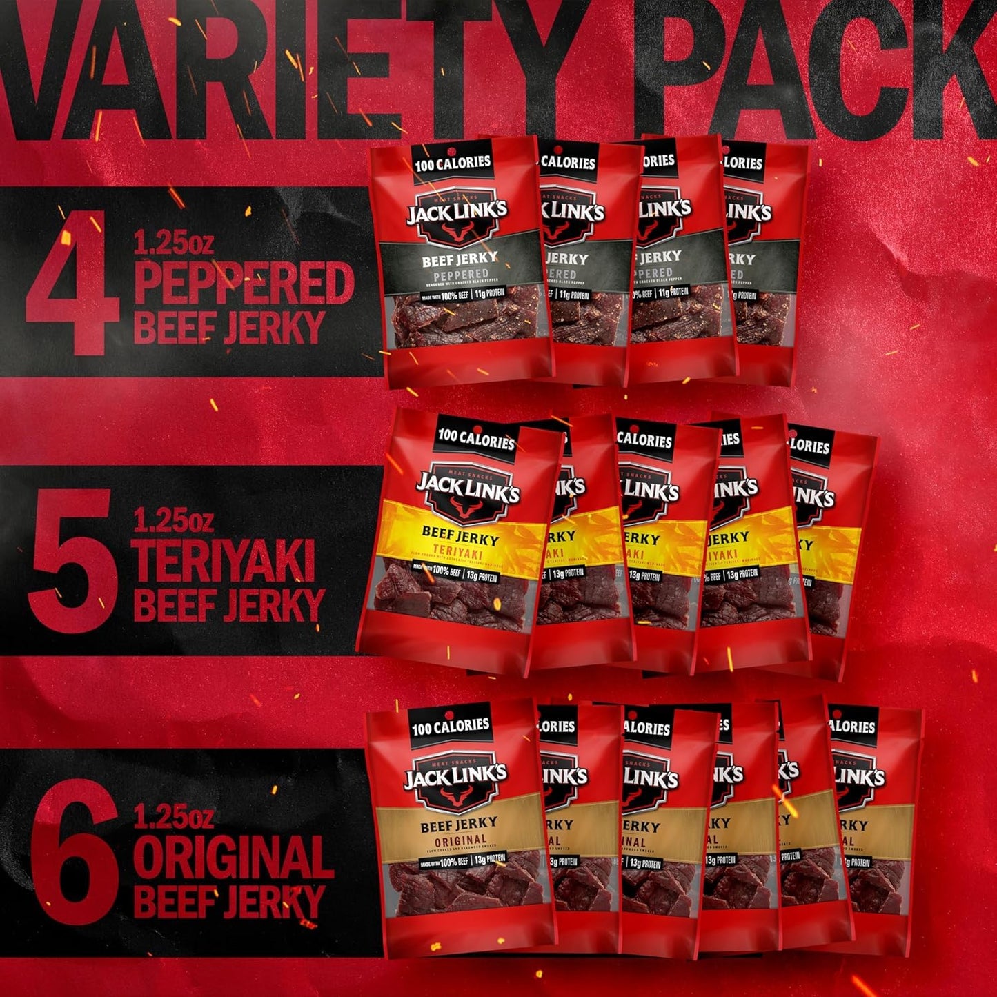 Jack Link'S Beef Jerky Variety Pack - Original, Teriyaki & Peppered - (15 Pack) 1.25 Oz Bags - Ready to Eat Real Meat Protein Snacks - Made with 100% Real Beef