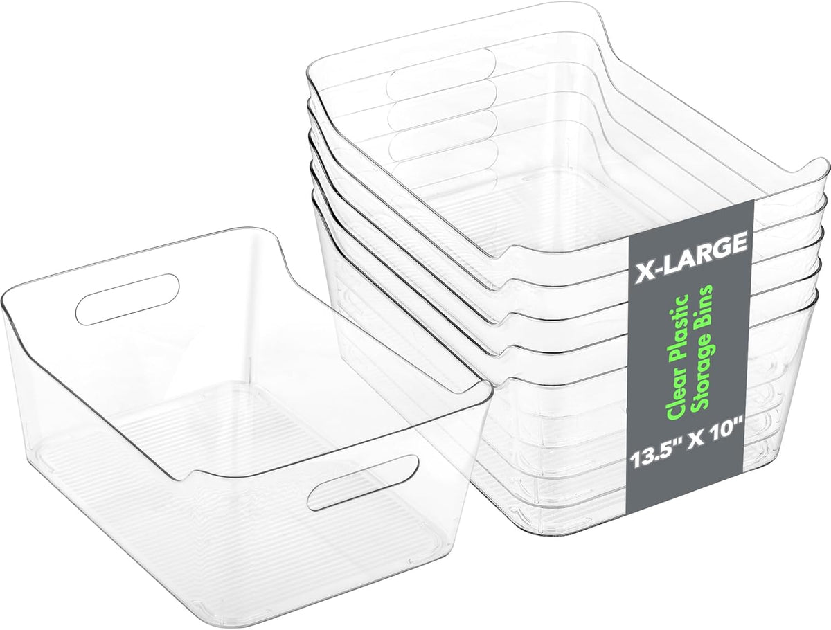 Tiawudi 6 Pack Plastic Storage Bins, Extra Large Pantry Organizer, 13.5" X 10" Clear Storage Containers and Organizer Bins, Multi-Use Bins for Home, Kitchen, Closet and Cabinet