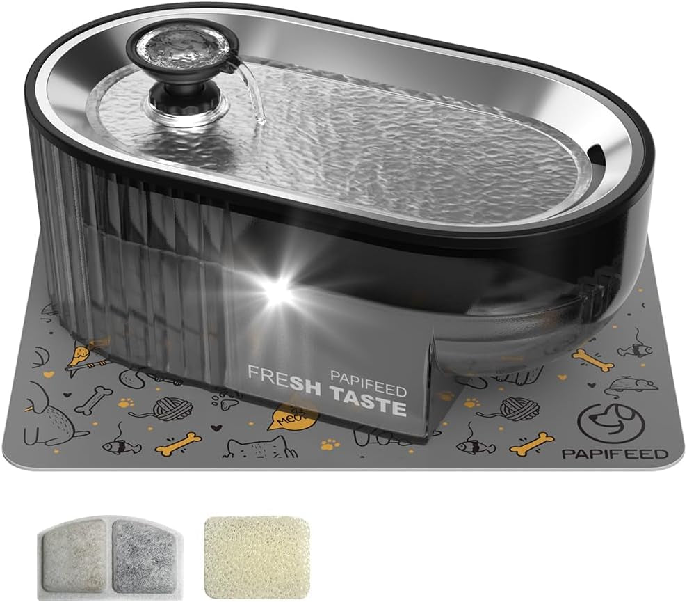 PAPIFEED Cat Water Fountain Stainless Steel with a Silicone Mat, 84Oz/2.5L Automatic Pet Fountain with Water Level Window and LED Light, Quiet Low Power Cat Water Bowl & Cat Water Dispenser(Black)
