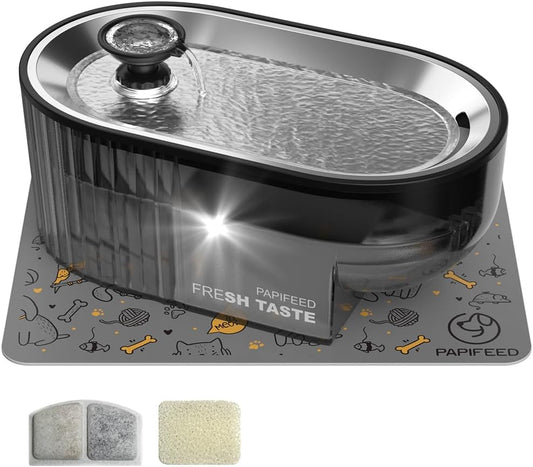 PAPIFEED Cat Water Fountain Stainless Steel with a Silicone Mat, 84Oz/2.5L Automatic Pet Fountain with Water Level Window and LED Light, Quiet Low Power Cat Water Bowl & Cat Water Dispenser(Black)