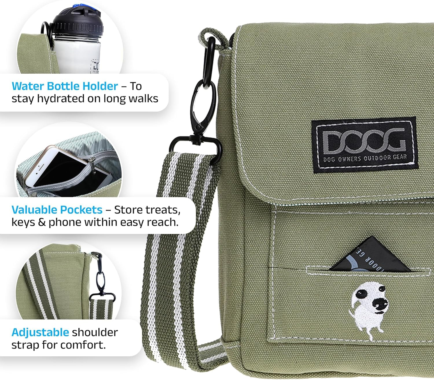 DOOG Walkie Bag - Adjustable Dog Treat Pouch Shoulder Bag with Poo Bag & Water Bottle Compartments - Comfort Fit for Everyday Use - Green