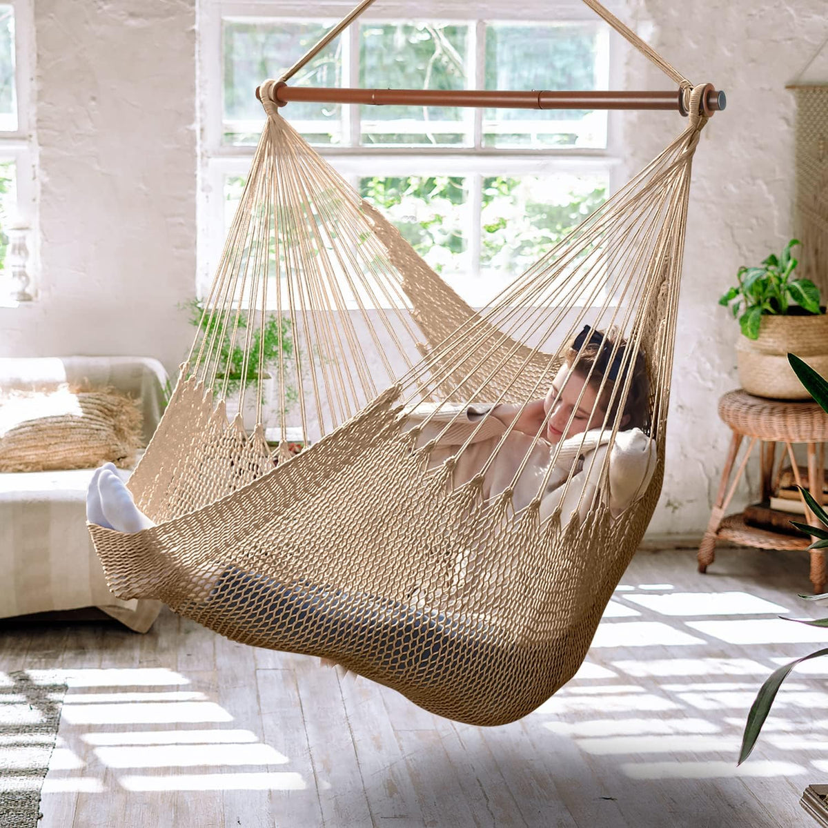 Upgraded Caribbean Hammock Chair with Detachable Metal Bar, Large Hammock Swing Chair, XL Rope Hanging Chair for Outdoor Indoor, 330 LBS Weight Capacity, Burlywood