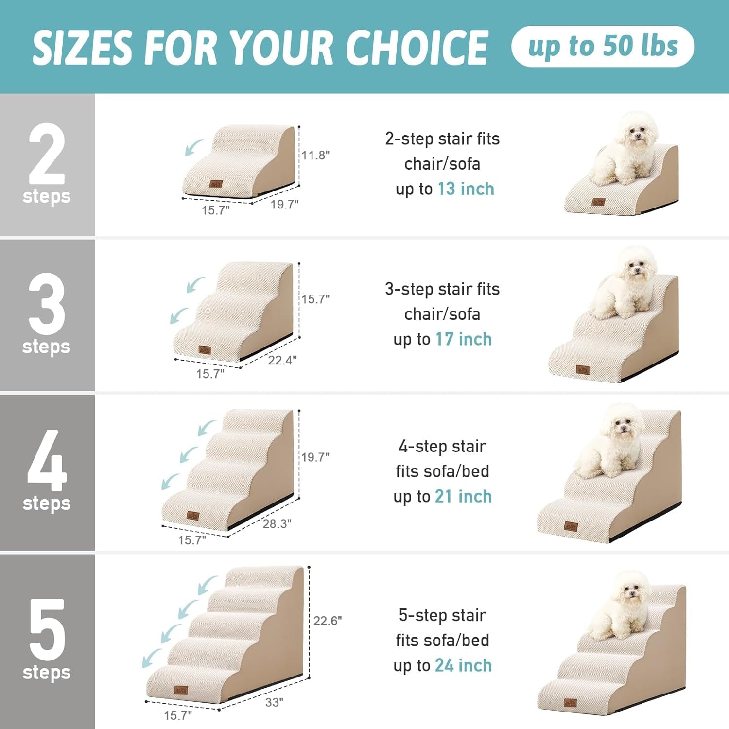 COZY KISS Dog Stairs for Small Dogs 15.7" H, Curved Dog Step for Puppy, Older Cat, Medium Pet Ramp for Sofa, Couch or Chair, Ladder with High Density Foam, 3 Step, 15.7X22.4X15.7 Inch, Beige