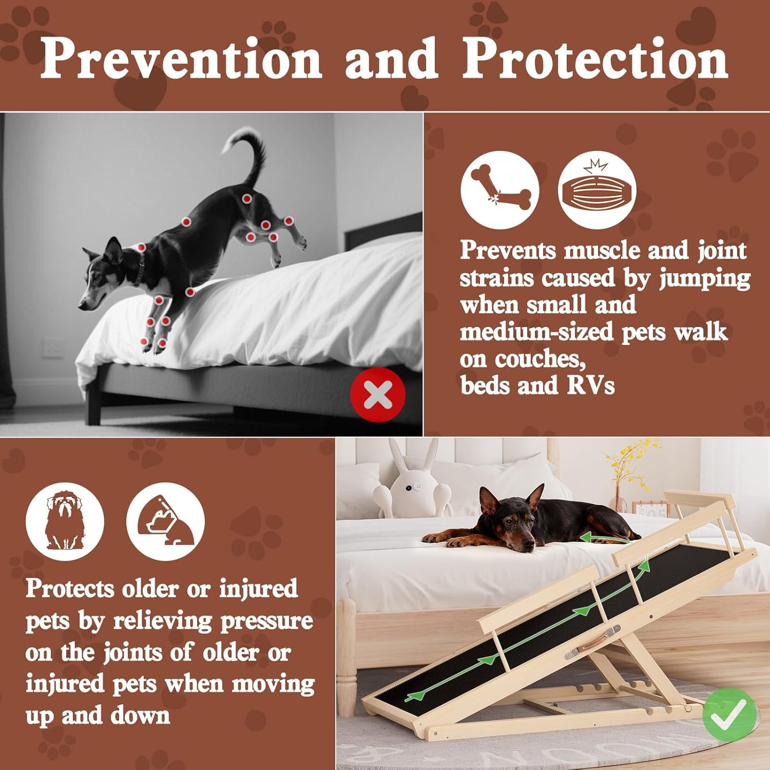 Dog Ramp for High Bed, Couch, Car, Pet Ramps 55.12" Long Adjustable 19.3"-27.17" Wooden Dog Step with Anti-Slip Rubber Mat & Safety Side Rails for Small Medium Large Older Pets, up to 250 Lbs