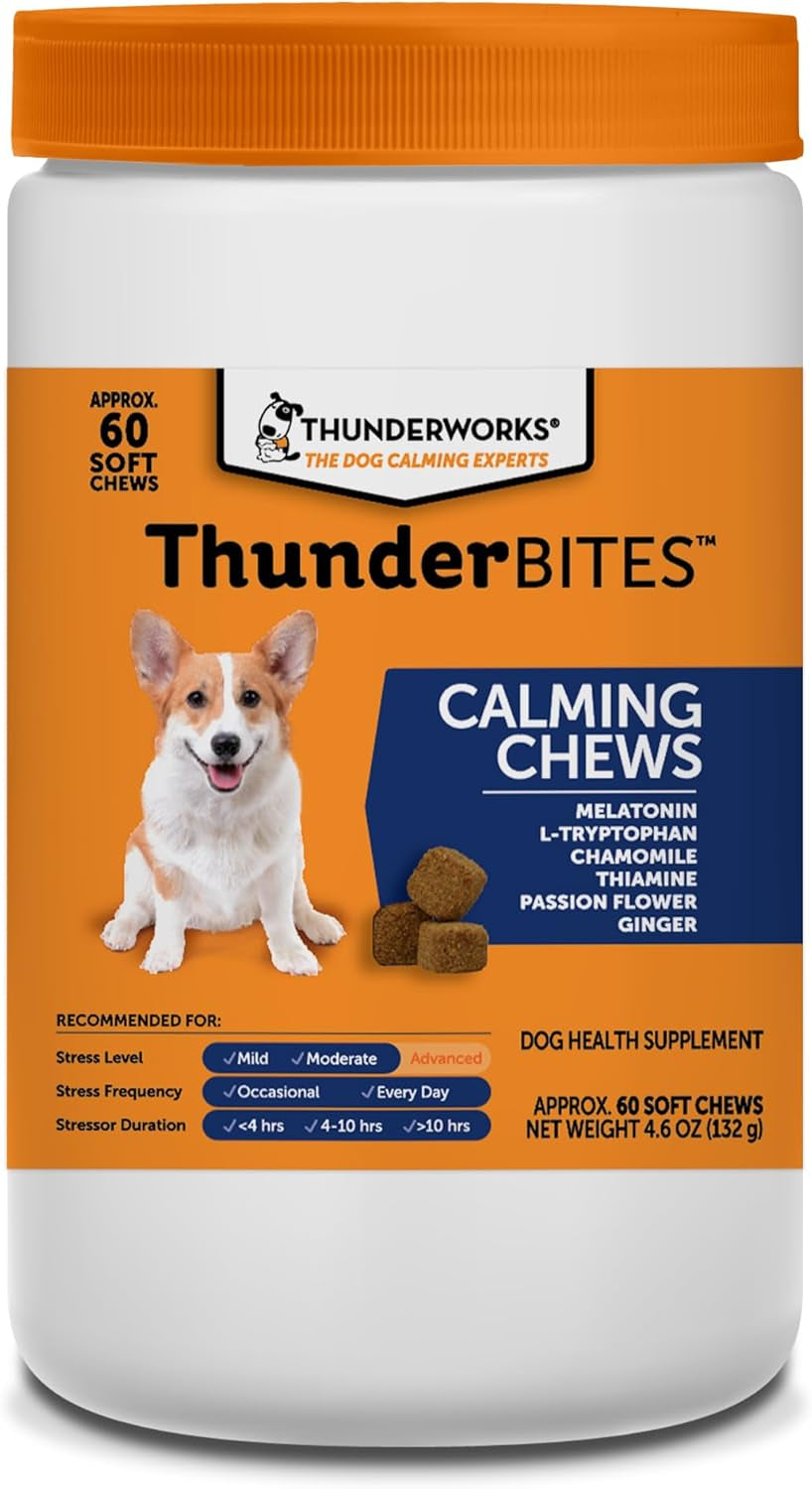 Thunderbites Dog Calming Chews, Thiamine, L-Tryptophan, Melatonin and Ginger, Can Help Relieve Stress from Separation, Storms, Fireworks & Travel (60 Count), Formerly Thunderwunders