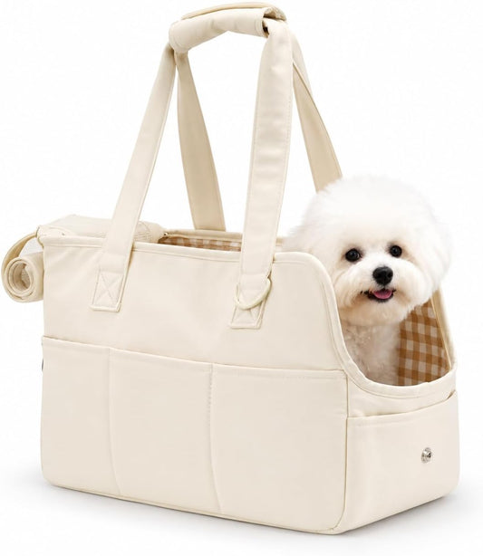 Soft-Sided Collapsible Pet Carrier with Removable Cushion & Shoulder Strap – for Small Dogs, Cats, Rabbits (Beige, 14.6" L X 6.7" W X 9.8" H)