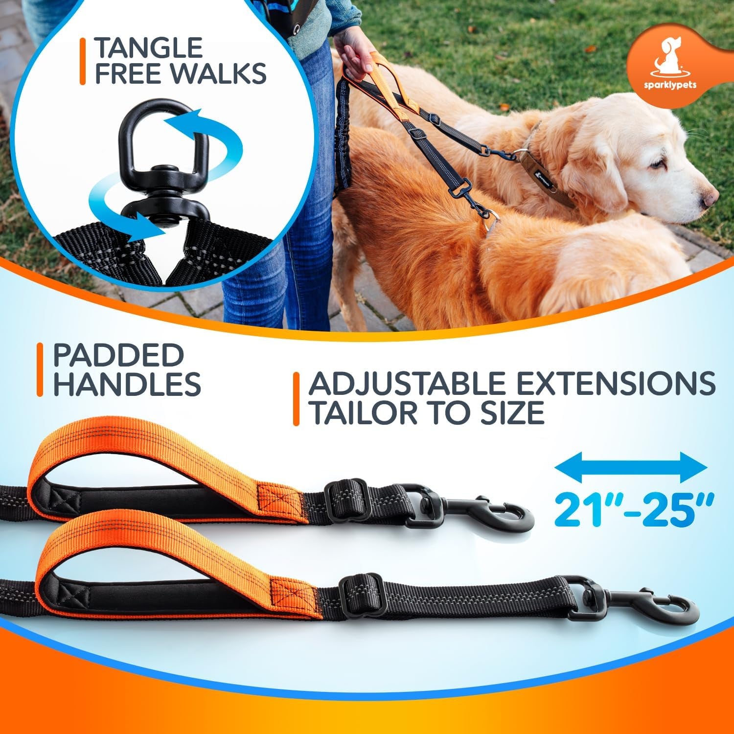 Sparklypets Double Bungee Waist 2 Dog Leash with Back Brace – Dual Dog Leash for Medium/Large Breeds – Running Belt Fanny Pack with Phone, Waste, Treat, and Bottle Pockets