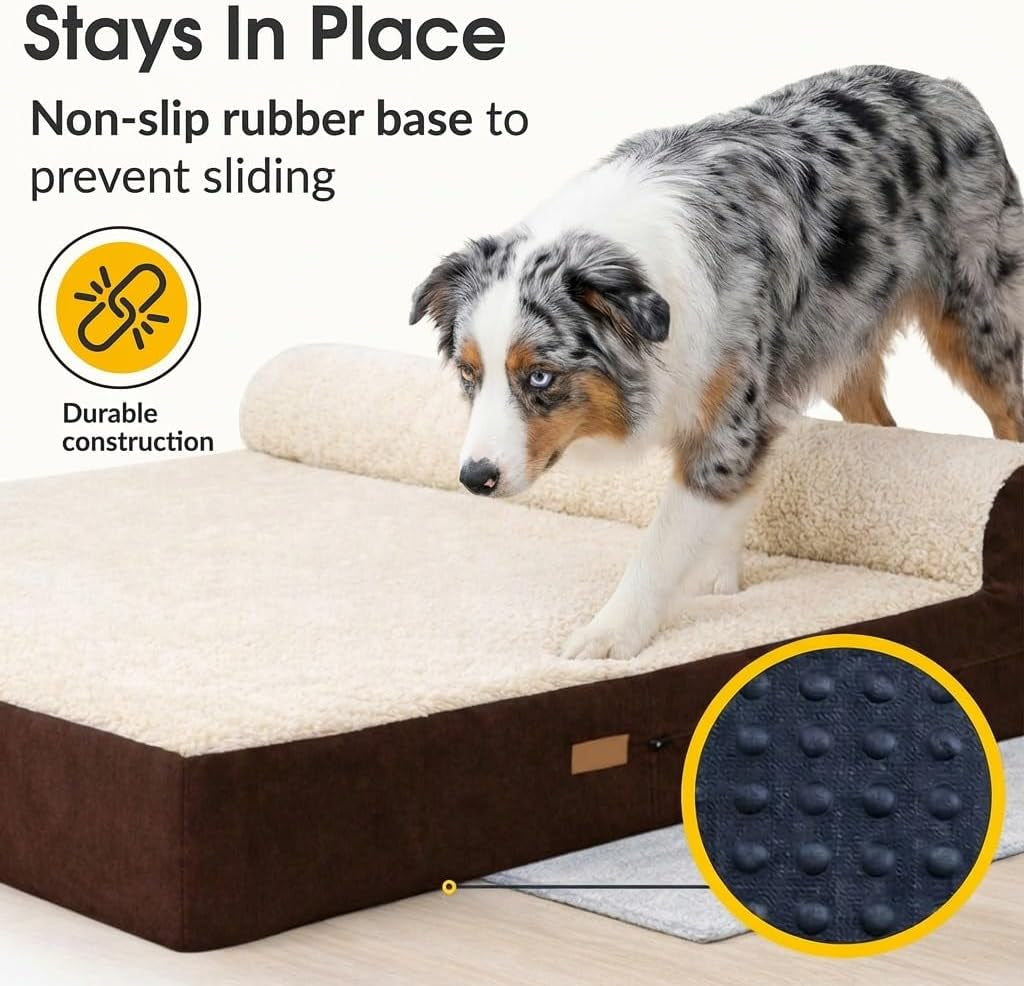 5.5 Inch Thick High Grade Orthopedic Memory Foam Dog Bed with Pillow and Easy to Wash Removable Cover with Anti-Slip Bottom. Free Waterproof Liner Included - for Medium and Large Dogs - Plush Brown