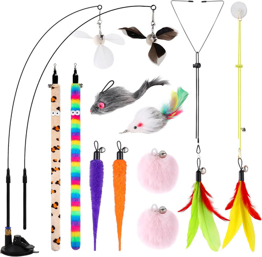 Soarer 4In1 Interactive Cat Wand Toys with Suction Cup for Indoor Cat,12Pcs