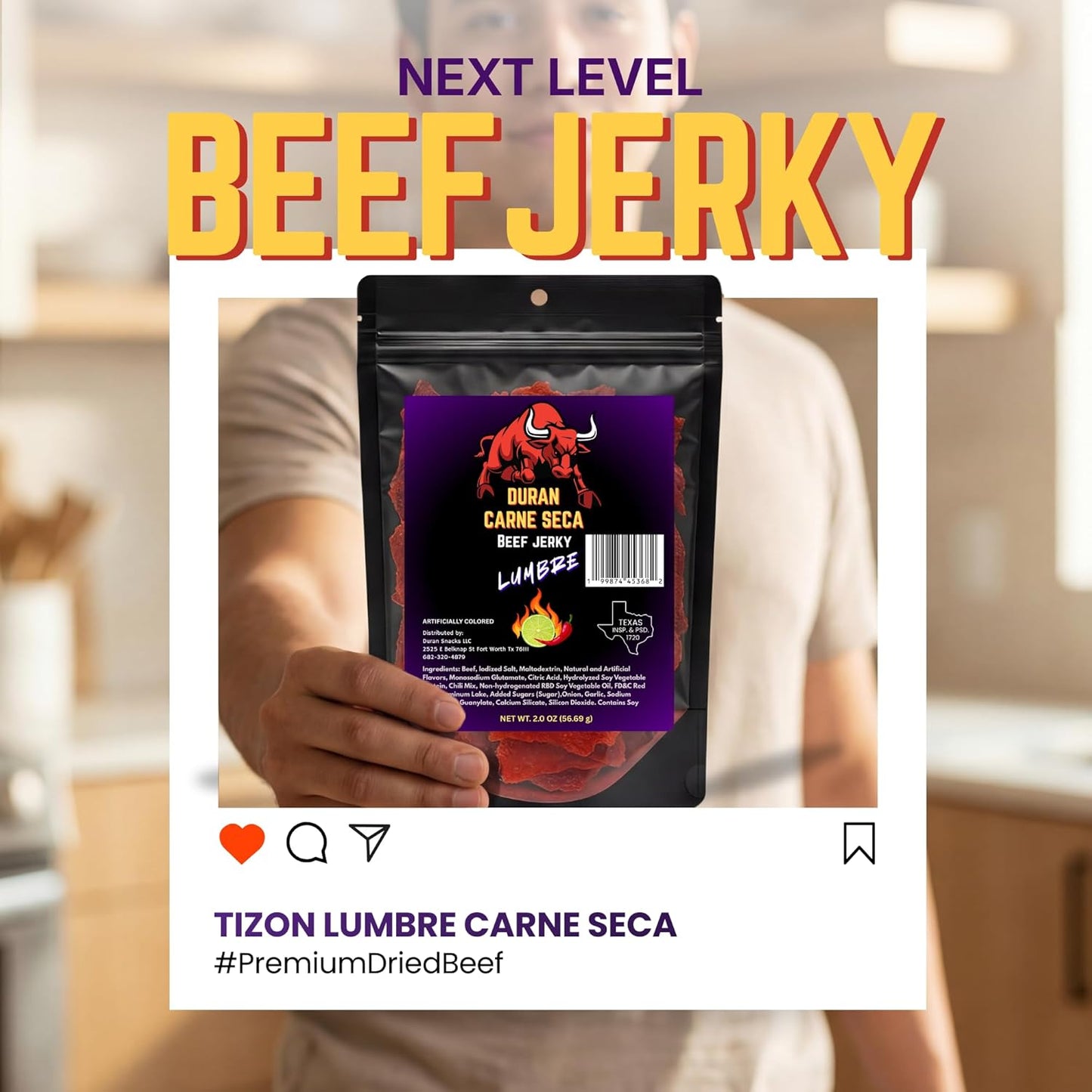 Tizon Lumbre Carne Seca - Spicy Fuego Beef Jerky Snack, Premium Mexican-Style Dried Beef, 2Oz Resealable Pouch, No Added Hormones, USA Made