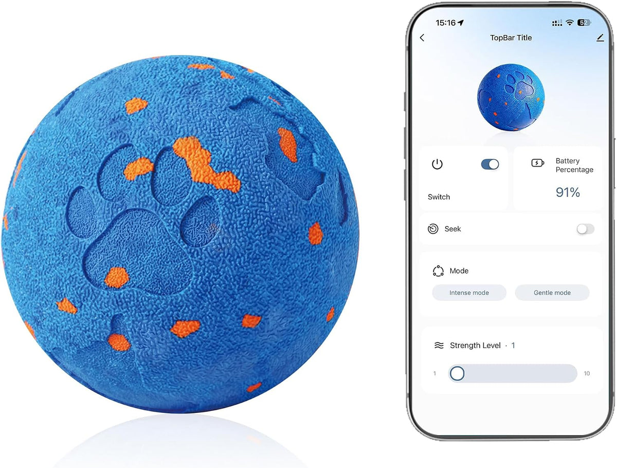 App-Controlled Interactive Dog Ball, IPX7 E-TPU, Blue