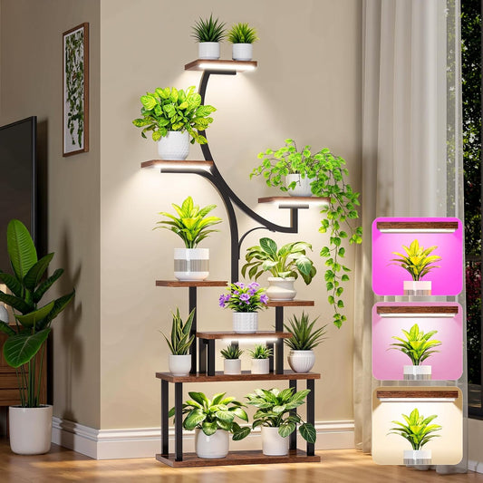 Softeen Plant Stand Indoor with 4 Grow Lights & 3 Colors, 8 Tiered Corner Plant Shelf, 63" Tall Plant Stands for Indoor Plants Multiple, Metal Flower Display Shelves Holder for Home(Dark)