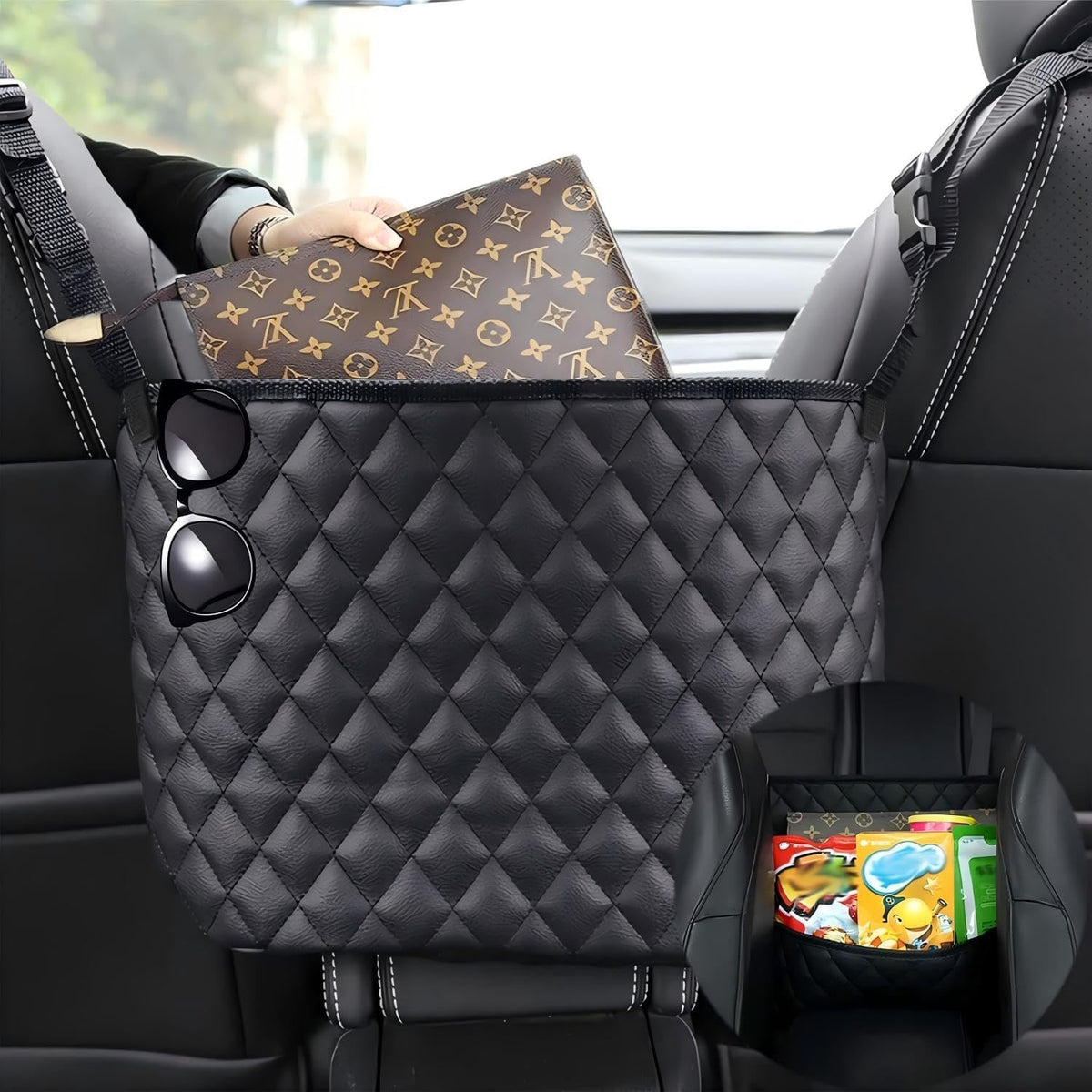 Car Net Pocket Handbag Holder，Purse Holder for between Seats，Leather Seat Back Organizer Mesh Large Capacity Bag，Handbag between the Two Seats