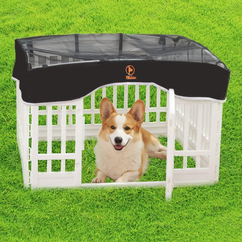 Pjyucien Dog Playpen Mesh Top Cover, Fits 36 Inch 4 Panels Regular Square Plastic Exercise Pet Pen, Adhesive Tape Connections, Black (Note: Cover Only, Fence Not Included)