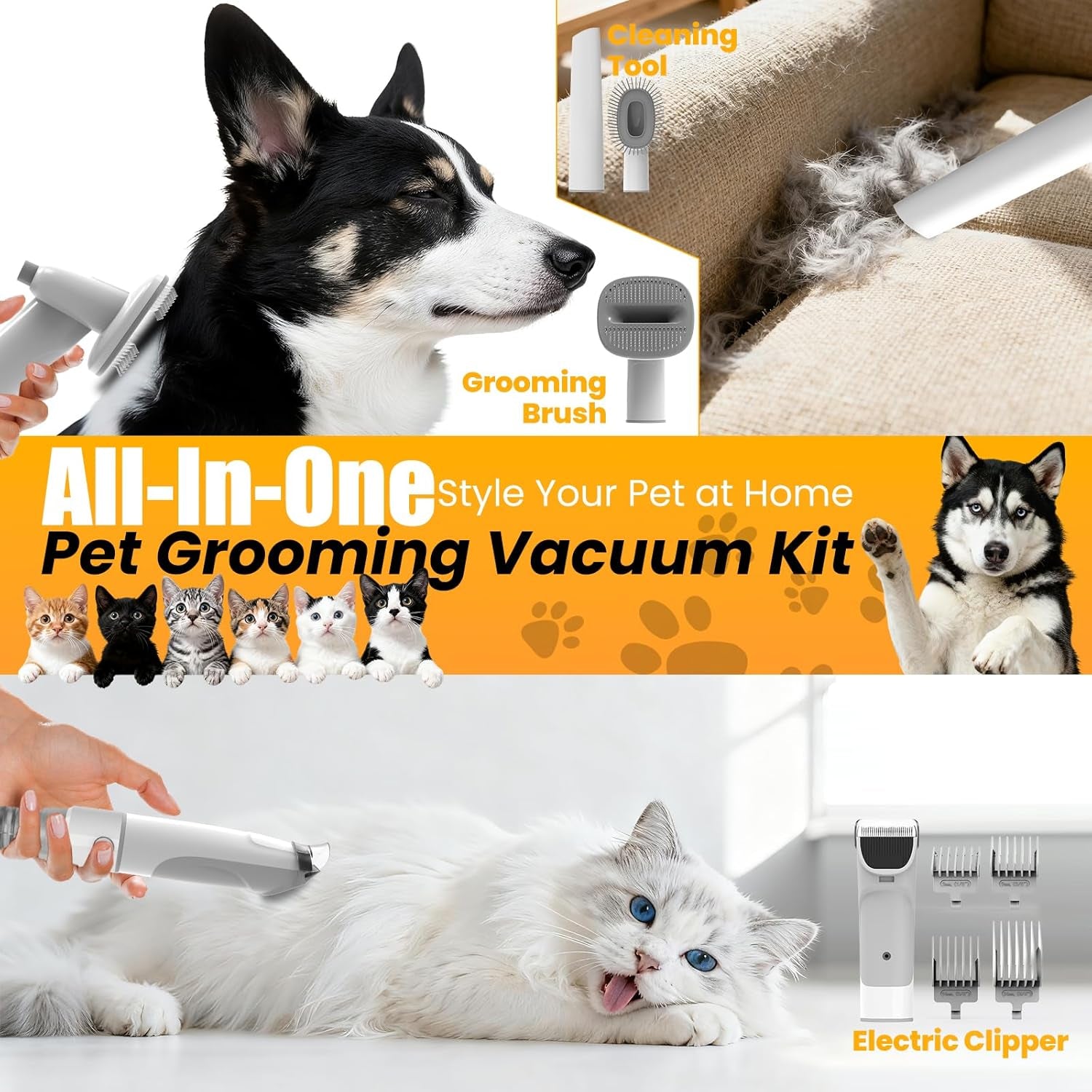 FIXR Dog Grooming Vacuum, All-In-One Pet Grooming Kit with Hair Clipper & Shedding Brush, Low Noise 12,000Pa Dog Hair Remover Vacuum, Pet Groomer Set with Cleaning Brushes, PG01